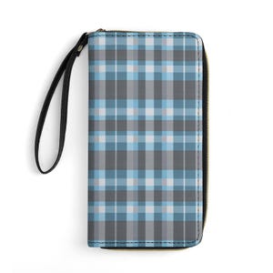 Carteira estilo guingão com alça de pulso, bolsa clutch xadrez azul com zíper para mulheres, porta-cartões de alta capacidade com vários compartimentos, carteira de couro
