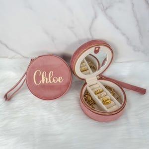 Petite boîte à bijoux de voyage personnalisée, Cadeau de mariage, pour demoiselle d'honneur, Cadeau pour elle, Boîte à bijoux ronde Velours