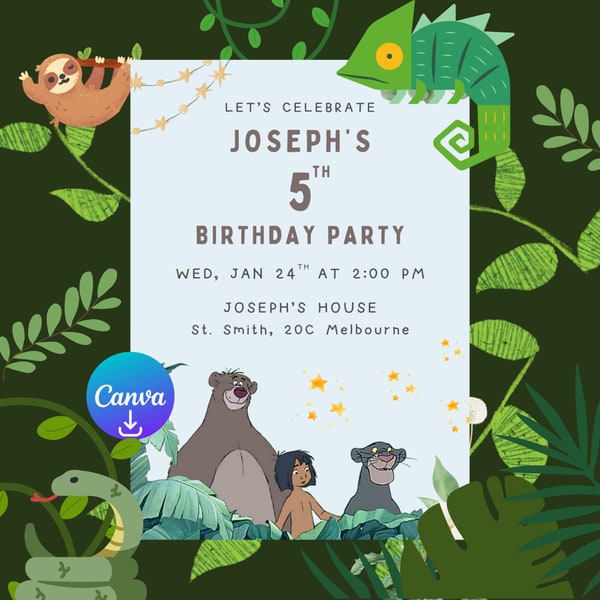 Template Jungle Book Birthday Invitation, Mowgli and Baloo Editable Invite, Boys or Girls Digital invitation, Instant Download