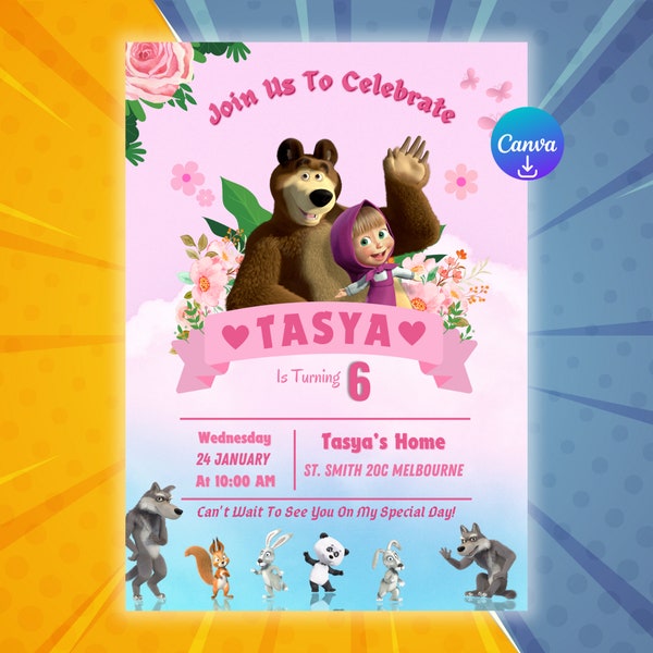 Editable Masha and The Bear Birthday Invitation Template, Birthday Party Invitations, Pink Tamplate Birthday Party, Instant Download