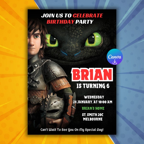 Editable How To Train Your Dragon Birthday Invitation, Dragon Party Invitation, Black Dragon, Canva Template, Kids Birthday, Instant Downlod