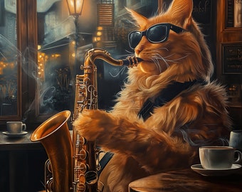 May include: A ginger cat with sunglasses plays a gold saxophone. The cat is sitting on a wooden table with a cup of coffee and a saucer.