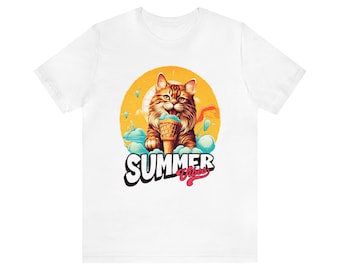 Summer Vibes T-Shirt with Happy Orange Cat Eating Ice Cream, Cute Kitten Tee for Cat Lovers, Unique Pet Owner Gift, Fun Summer Top