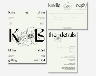 Wedding Invitation Template Set | Custom Flower Sketch Wedding Invitation | Printable Template Digital Download | RSVP Details Invitation