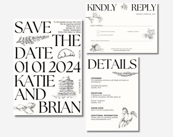 Wedding Invitation Template Set | Custom Simple Sketch Wedding Invitation | Printable Template Digital Download | RSVP, Details, Invitation