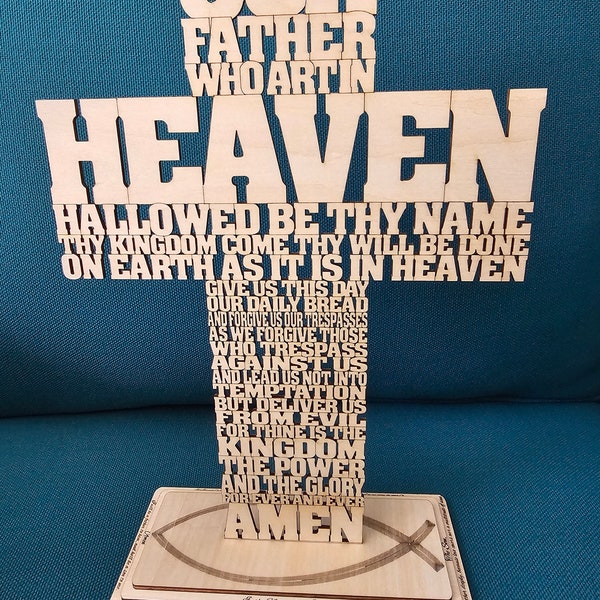 Lords Prayer Cross - Laser Cut Wooden, Decorative Easter Table Top Display, Spiritual Keepsake Gift