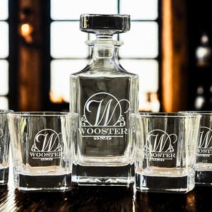 Monogram Whiskey Decanter Set, Engraved Rocks Glasses, Personalized Gift
