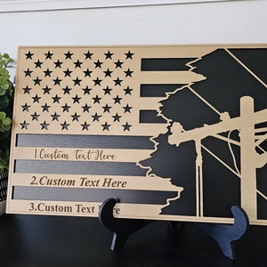 Lineman Engraved Flag Plaque 10x19 – Custom Wood Gift for Qualification, Retirement, Recognition – Lineman Appreciation