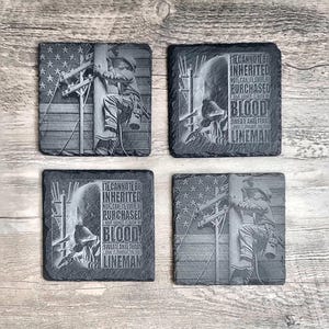 Lineman Slate Coaster Set - Unique 3D-like Detail, with Wood Holder, Great for Man Cave, Birthday, or Retirement Gift