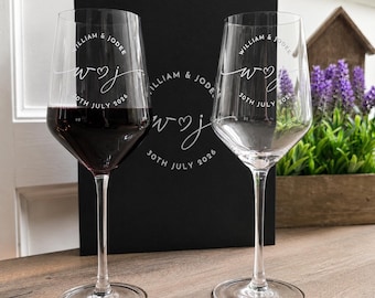 Personalized Wine Glass Set of 2, Engraved Stemmed Glasses, Wedding or Anniversary Gift, Custom Printed Gift Box