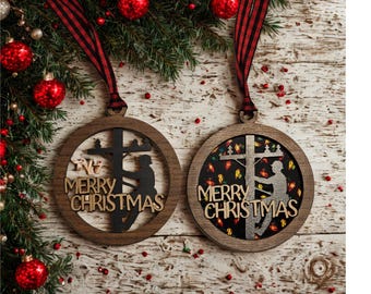 Personalized Lineman Ornament Christmas, Wood Layered Design with Glass-Like Backer, Holiday Tree Decoration
