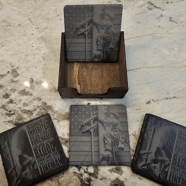 Lineman Slate Coaster Set - Unique 3D-like Detail, with Wood Holder, Great for Man Cave, Birthday, or Retirement Gift