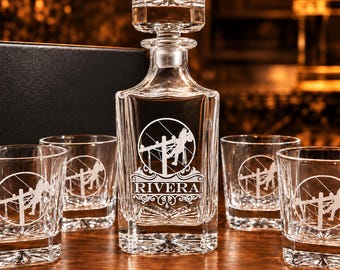 Lineman Gift Personalized Whiskey Decanter Set, Engraved Decanter with Glasses, Utility Worker Gift for Him, Retirement Gift