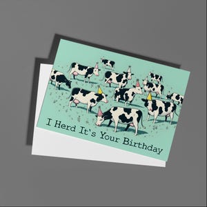 Punny Cow Birthday Card I Herd It&#39;s Your Birthday Cute Farm Animal Themed Birthday Greeting for Cow Lovers Country Cowgirl Cow wearing hat