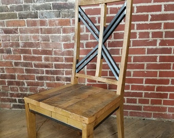 Custom made and designed dining chair, Modern industrial reclaimed wood and steel high back chair, Kitchen stool, Hi top swivel bar stool