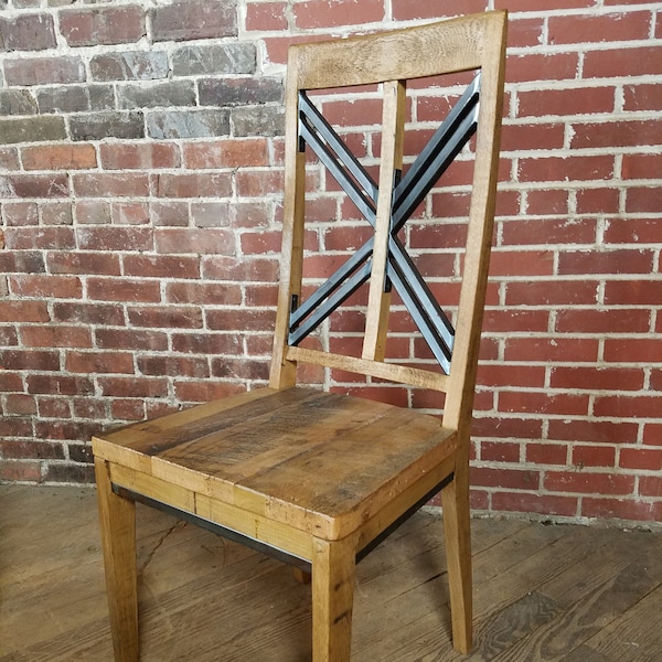 Custom made and designed dining chair, Modern industrial reclaimed wood and steel high back chair, Kitchen stool, Hi top swivel bar stool