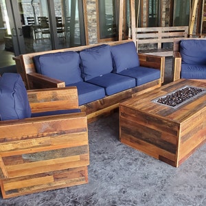 Custom wooden patio furniture, Patio chairs and couches w/ removable cushions, Reclaimed wood chairs and table, Comfortable outdoor seating