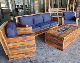 Custom wooden patio outdoor furniture set, Comfortable patio chairs and couches w/ removable cushions, Reclaimed wood chairs and table