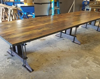 Large custom Industrial I-beam conference table, Massive reclaimed wood and steel rustic, Impressive solid handmade work table