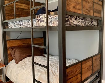Lit superposé fait main en bois et en acier fait main | Style industriel moderne, Ferme rustique, Entièrement personnalisable, Cadre en acier durable, Bois de récupération