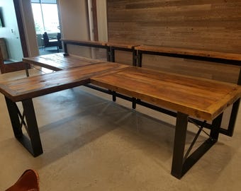 Industrial workstation, custom handmade office desk with reclaimed wood and steel, modern reception counter, rustic industrial workspace