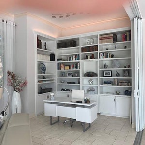 Custom designed library bookshelf system w/ hidden door, Handmade wooden commercial and residential cabinets, Build to order cabinetry