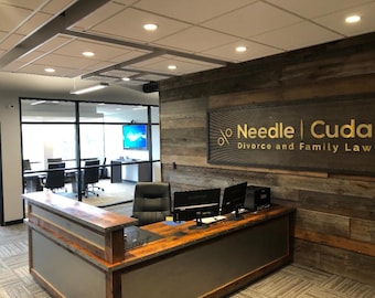 Custom Modern Industrial Reception Desk | Handmade Steel & Wood Entry Counter with Brass Inlays, Easy Assembly, Custom Logo Options