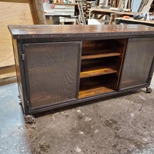 Console table, custom industrial media center with reclaimed wood and steel, modern credenza, adjustable shelving