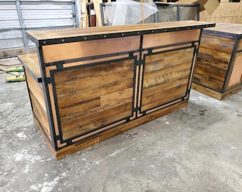 Custom Designed Industrial Reception Desk | Handmade Steel and Wood Entry Counter with Copper Panel | Unique Customer Greeting Counter