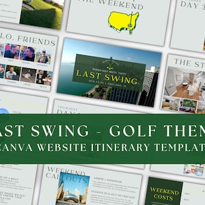 Puede incluir: Una plantilla de itinerario de sitio web de Canva con tema de golf. El diseño presenta múltiples paneles con texto e imágenes, incluyendo "Last Swing" y "Hello, Friends". La combinación de colores es principalmente verde y blanco.