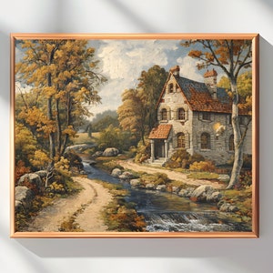 Autumn Stream House- Instant Download PRINTABLE Art | Vintage Print Country Landscape Painting | Digital Download | Wall Art | Vintage Style