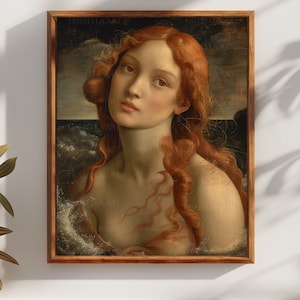 Puede incluir: Una pintura de una mujer con el pelo largo y rojo que fluye. Lleva un vestido blanco y tiene una expresión serena en su rostro. El fondo es azul oscuro y verde, con olas rompiendo en la distancia.