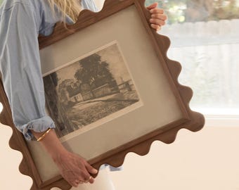 Curved Edge Walnut Picture Frame | Handmade Scalloped Wood Frame for Nursery Decor