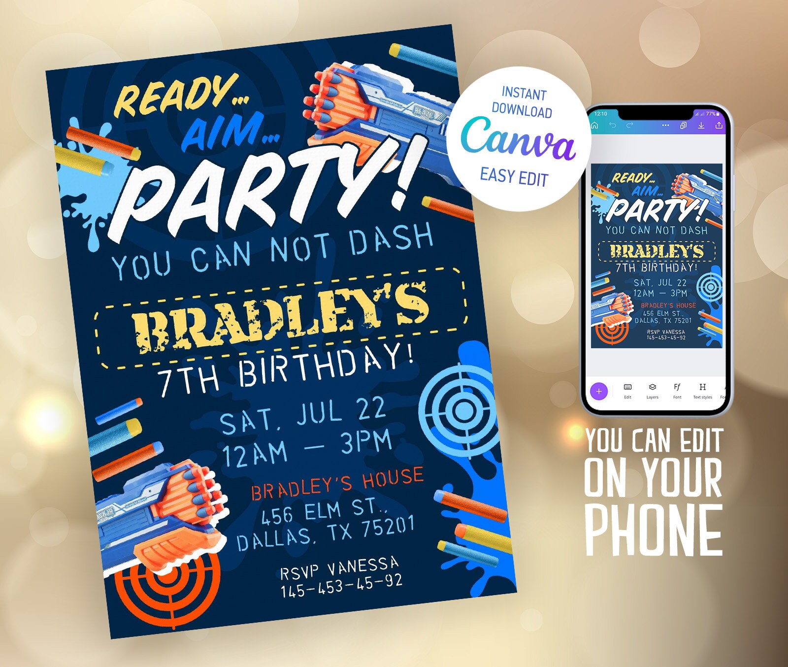 Printable birthday invitation Editable invitation instant download dart gun birthday invite dart invitation