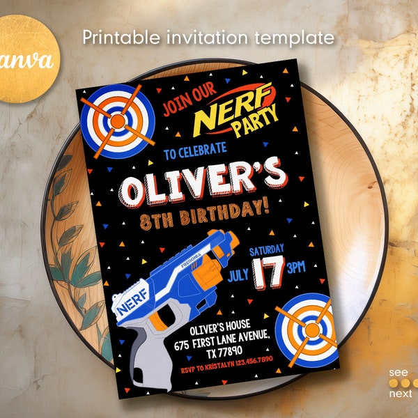 Dart gun party, dart wars birthday invitation, editable nerf invite template, boy birthday invitation, printable editable birthday invite