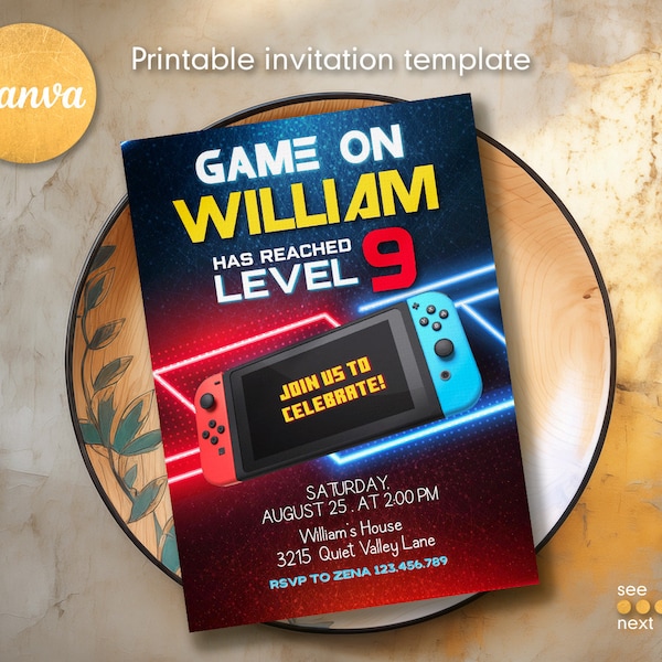 Editable switch invite, Printable Gamer birthday invitation, video game party, boy birthday, digital template