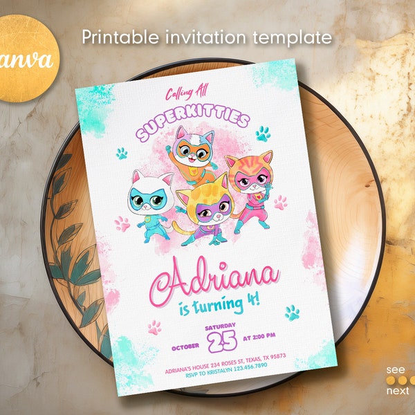 Printable Editable Super Kitty Invite, SuperKitty Birthday, SuperKitties Party invite template, Kitten Invitation Cute Invite