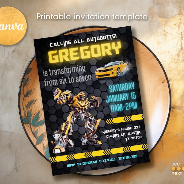 Druckbare Einladung, Autobots Rise of the Beasts Geburtstagseinladung, Optimus Prime Einladung, Autobots Party, bearbeitbare Bumblebee Einladung