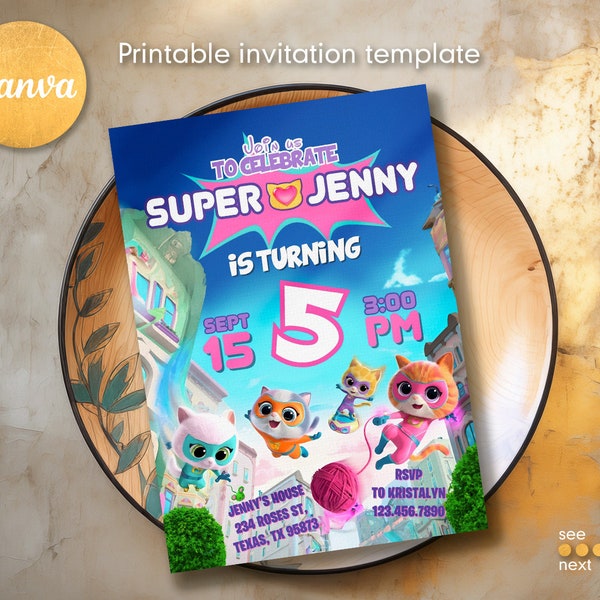 Printable Editable Super Kitty Invite, SuperKitty Birthday, SuperKitties Party invite template, Kitten Invitation Cute Invite