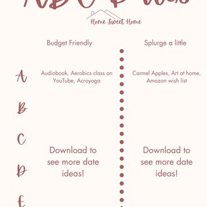 Könnte beinhalten: Eine rosa und weiße Grafik mit dem Text "ABC Dates" und "Home Sweet Home" in einer hausförmigen Grafik. Die Grafik listet budgetfreundliche und luxuriöse Date-Ideen unter den Buchstaben A, B, C, D und E auf.