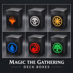 May include: Six black square deck boxes for Magic The Gathering cards. Each box features a distinct colored emblem on the front: an orange planeswalker symbol, a white skull, a yellow sun, a blue water drop, a red flame, and a green tree.