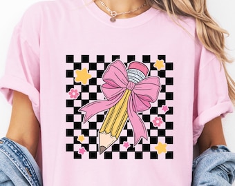 Comfort Colors Coquette Teacher Shirt, Pink Bow Pencil Tee