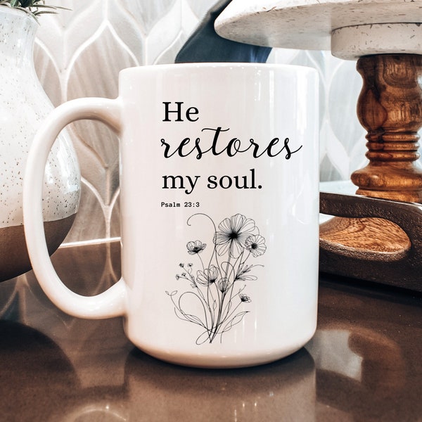 Mug verset biblique, il restaure mon âme, mug chrétien, tasse à café chrétien, cadeau chrétien, tasse à café biblique, mug religieux