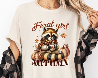 Autumn Raccoon Girl T-Shirt, Feral Fall Vibes Tee