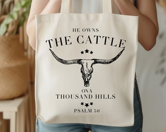 Christian Tote Bag boho long horn Tote Bag, Cattle on a Thousand Hills Bible Verse Tote Bag Christian gift, Western tote bag, Scripture Gift