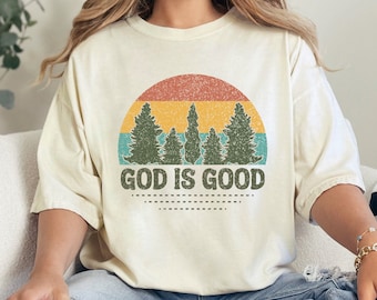 Retro christelijk T-shirt, God is Good, comfortabele kleuren