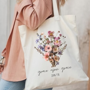 Boho Bible Verse Christian Tote Bag, Grace upon Grace Tote Bag, Christian faith gift Boho Flowers, Womens Bible tote bag, Church Bible Bag