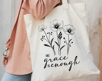 Boho Floral Christian Canvas Tote Bag, His Grace Is Enough