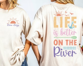 Retro River Life-T-shirt, trendy comfortkleuren T-shirt