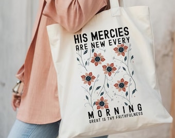Boho Floral Christian Canvas Tote Bag, His Mercies Design